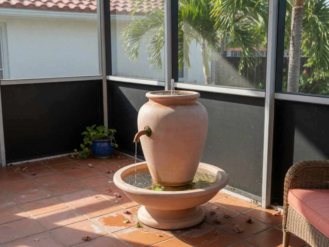 Lanai urn fountain with a short clear stream