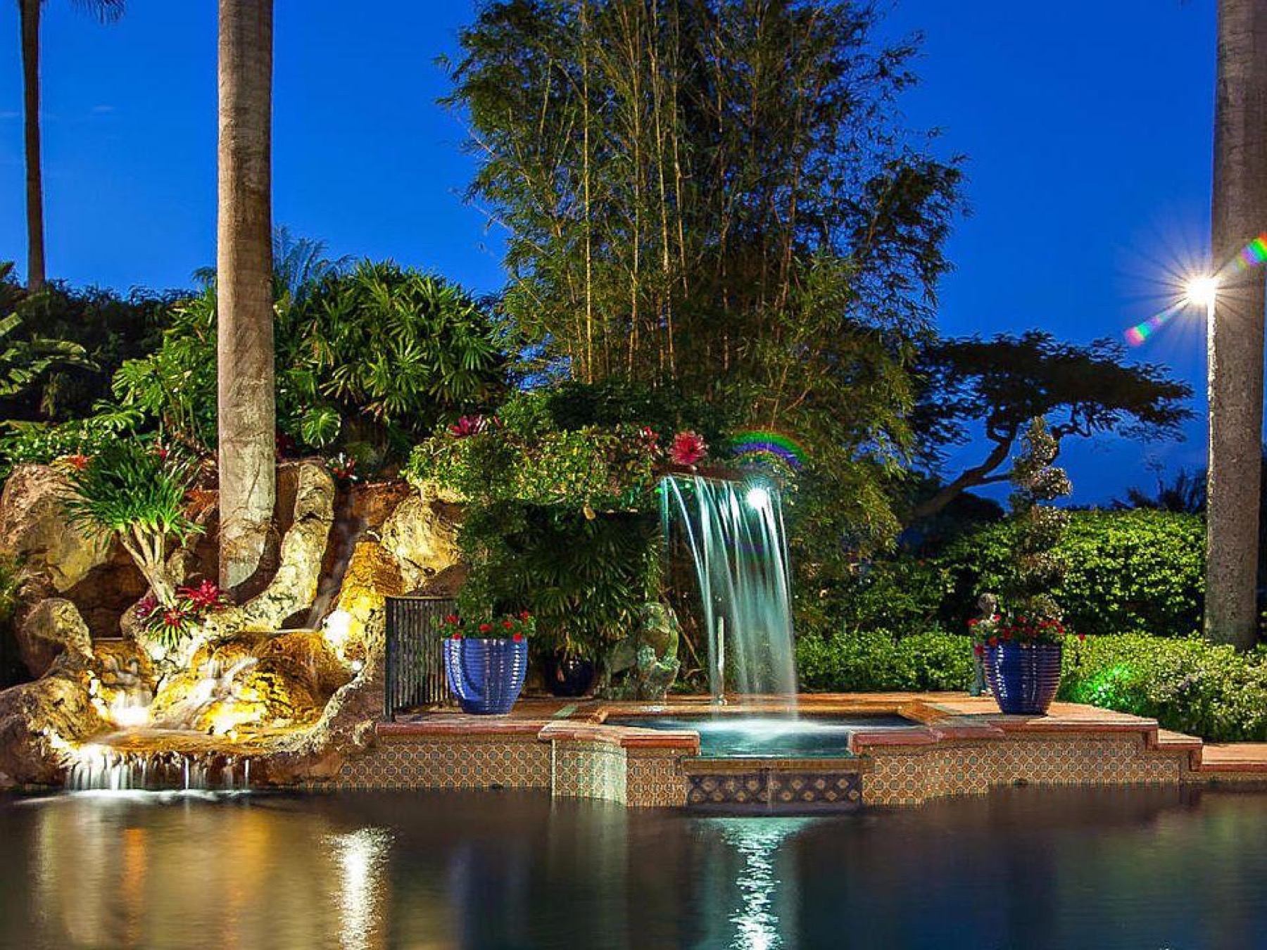 Night waterfall into a basin